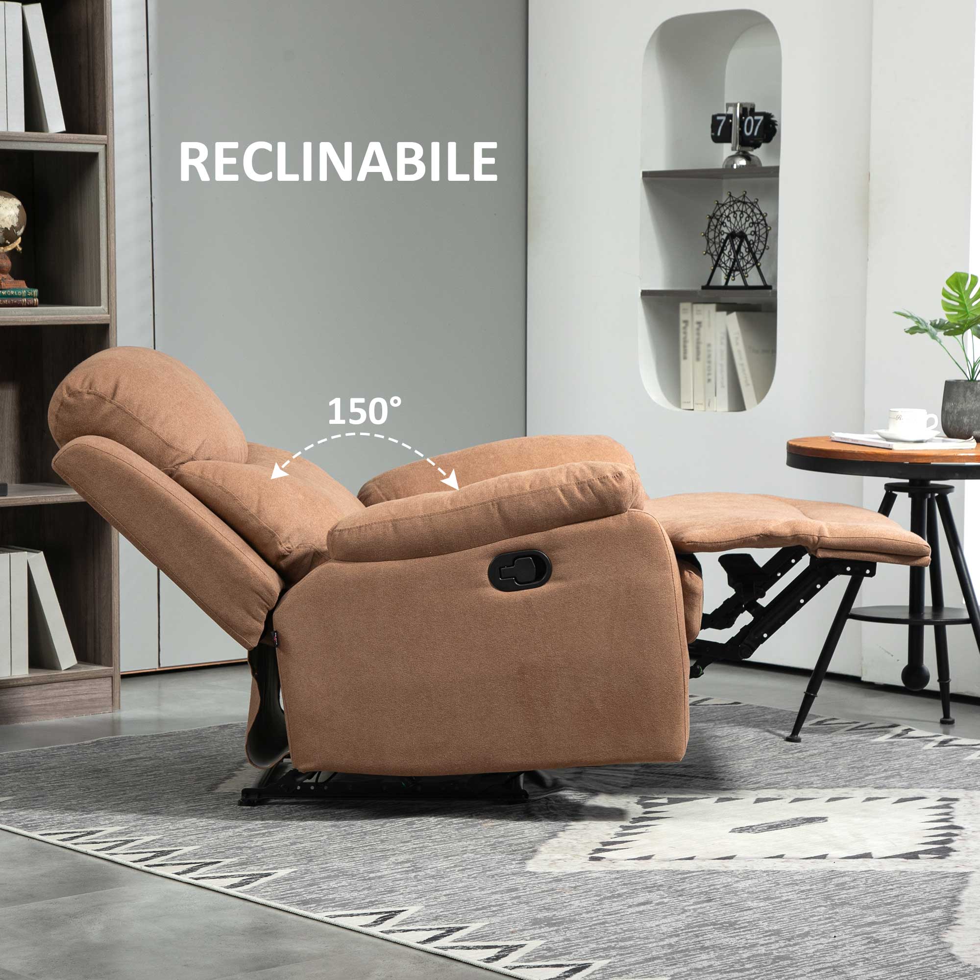 Manual Relax Chair Reclining 150° with Fabric Footrest, 93x88x102cm, Dark Brown