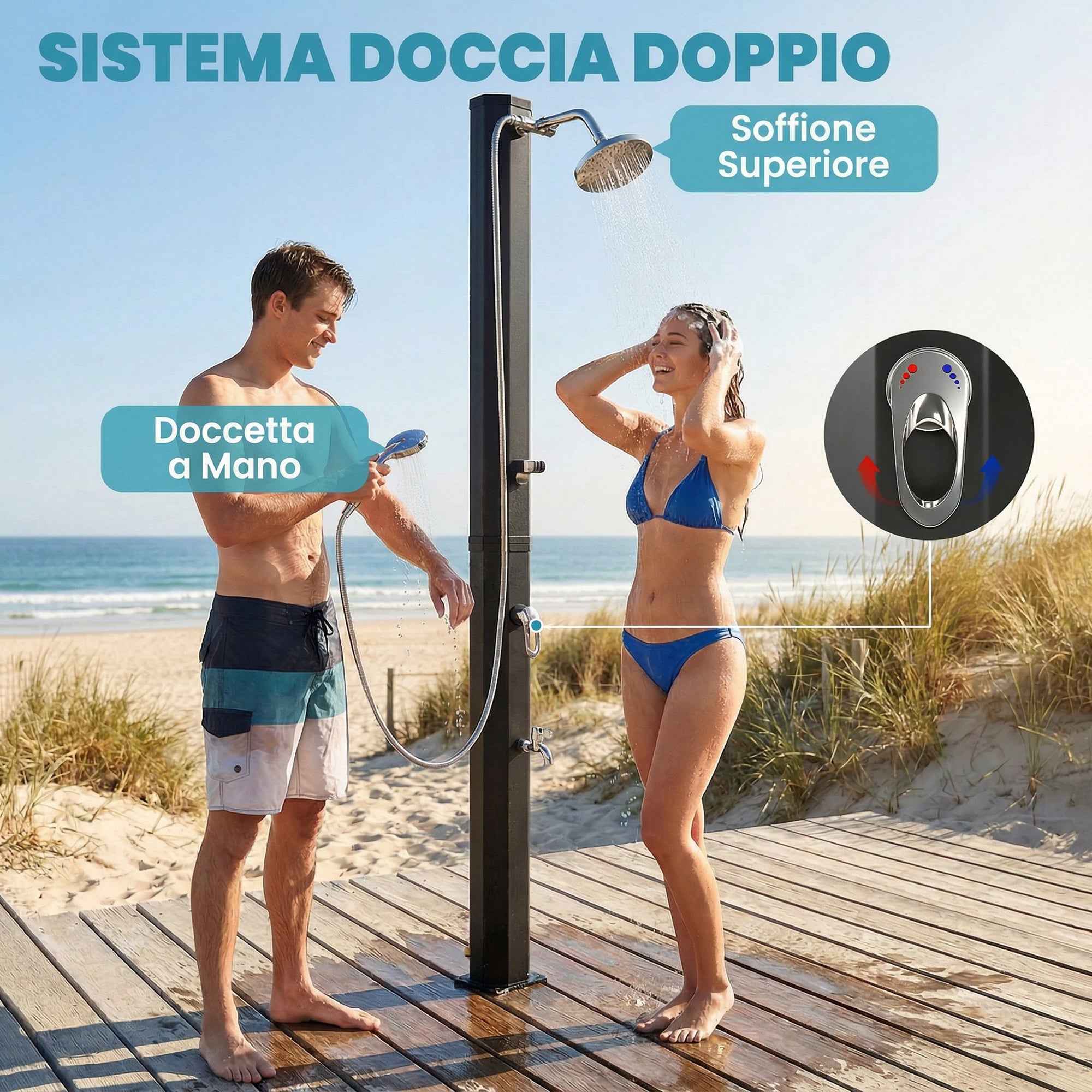 Outsunny 35L Solar Shower, Frost Protection, 2 Shower Heads, Foot Tap