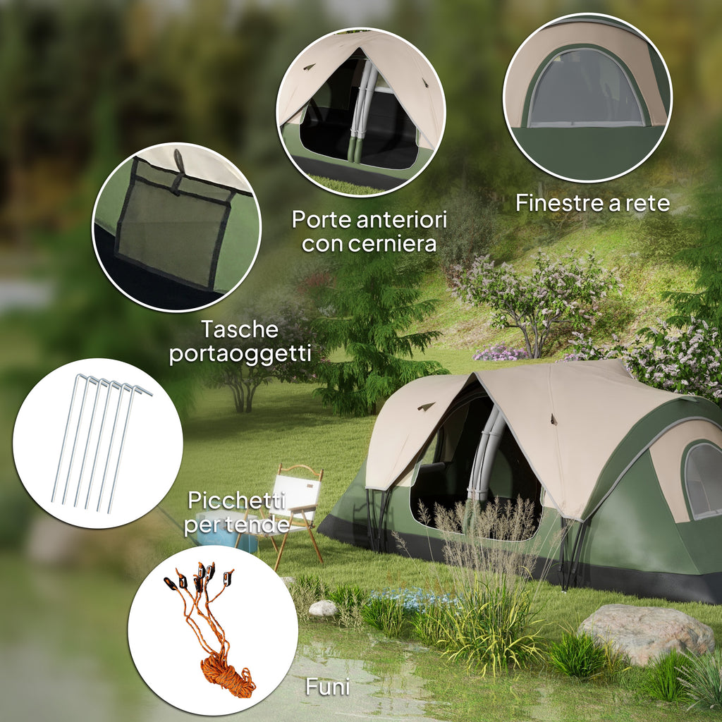 6 Person Camping Tent with 2 Separate Rooms, Polyester and Fiberglass, 450x215x180 cm, Dark Green