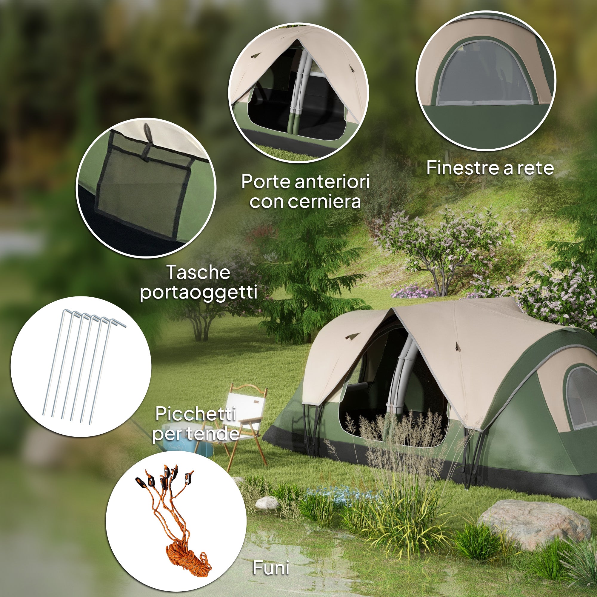 6 Person Camping Tent with 2 Separate Rooms, Polyester and Fiberglass, 450x215x180 cm, Dark Green