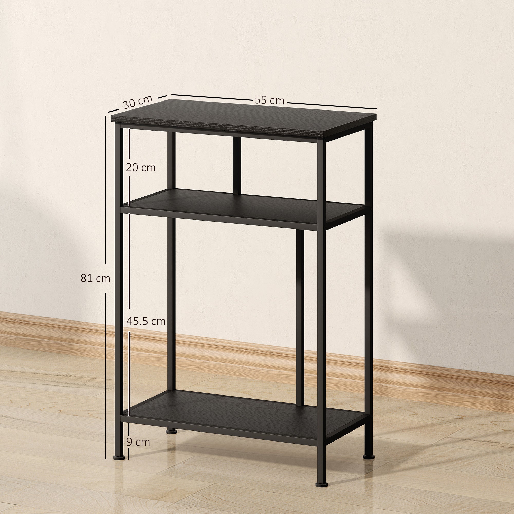 3-Tier Console Table with Metal and Wood Frame, 55x30x81 cm, Black