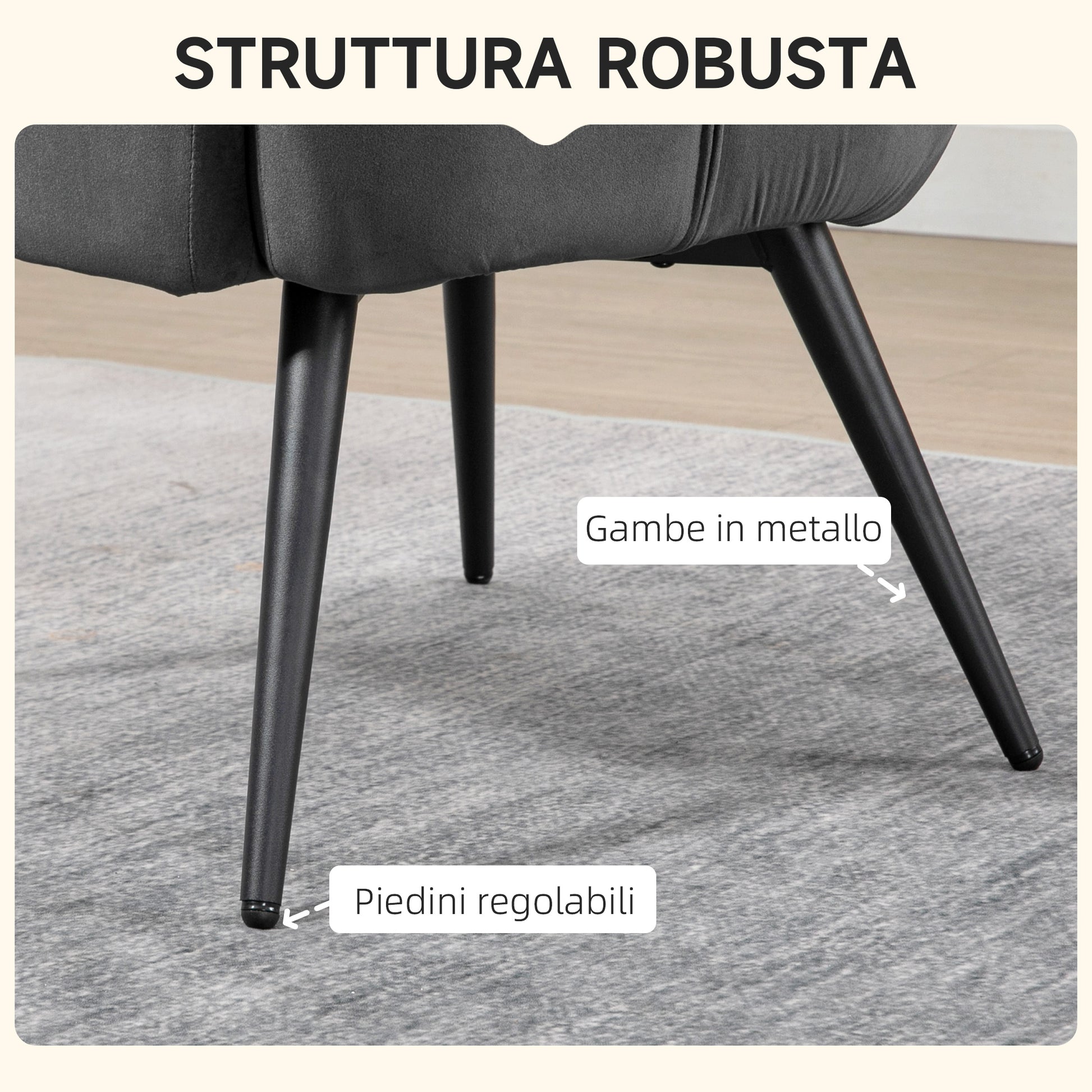 Upholstered Armchair with Armrests and Integrated Footrest in Dark Grey Velvet Effect Fabric - Borgè