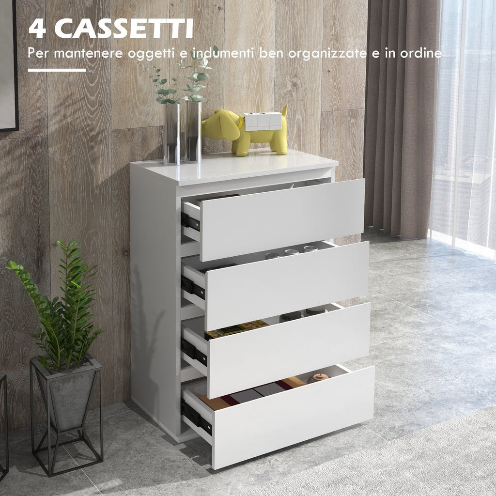 4 Drawer Wooden Chest of Drawers, Modern and Multipurpose Bedroom Dresser, 55x33x80 cm, White