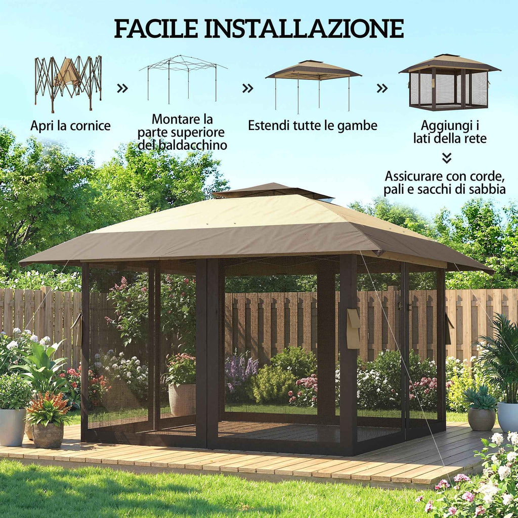 Outsunny 4x4m Folding Gazebo with 4 Side Mosquito Nets, Double Roof, and Sandbags, Khaki and Brown