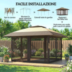 Outsunny 4x4m Folding Gazebo with 4 Side Mosquito Nets, Double Roof, and Sandbags, Khaki and Brown