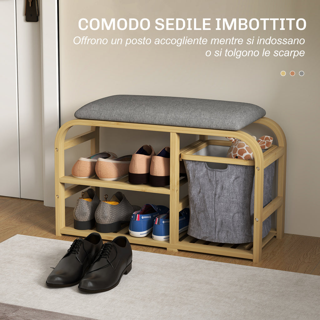Entrance Shoe Rack Bench with Padded Seat, Slatted Design and Removable Basket, 70x30x45 cm, Wood