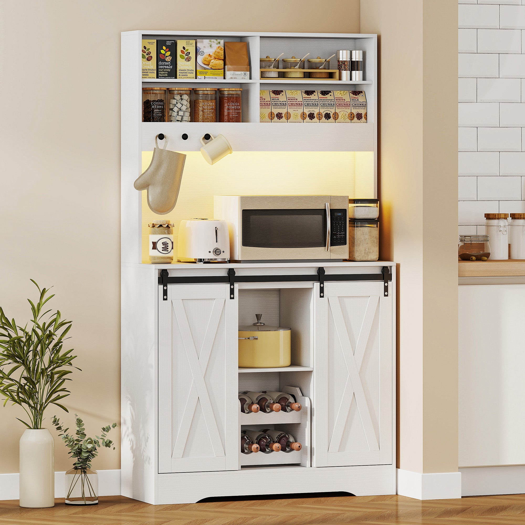 Kitchen Sideboard with Power Sockets, LED Light, Bottle Rack and Sliding Doors, 100x38x180 cm, White