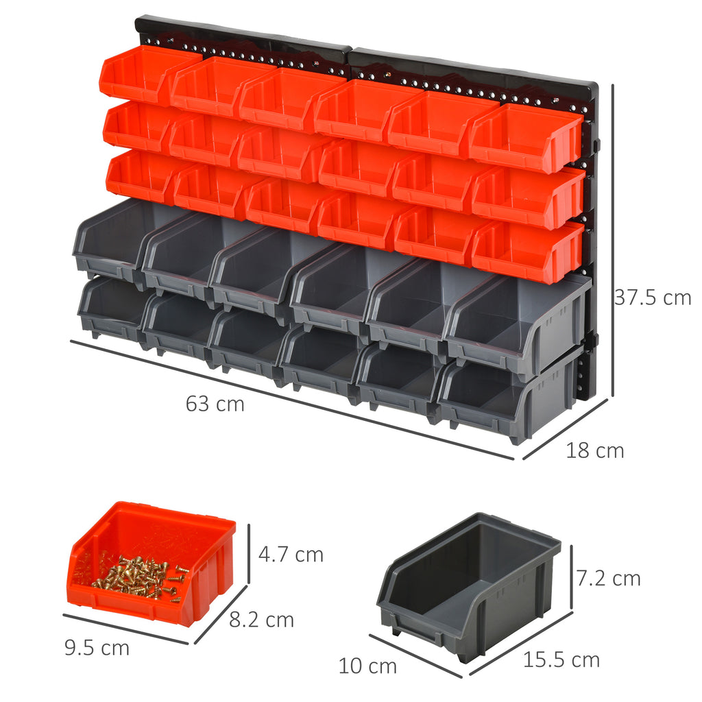Tool Organizer with 30 Adjustable and Removable Bins, Wall Mounted, PP, Red Grey Black, 37.5x18x63cm