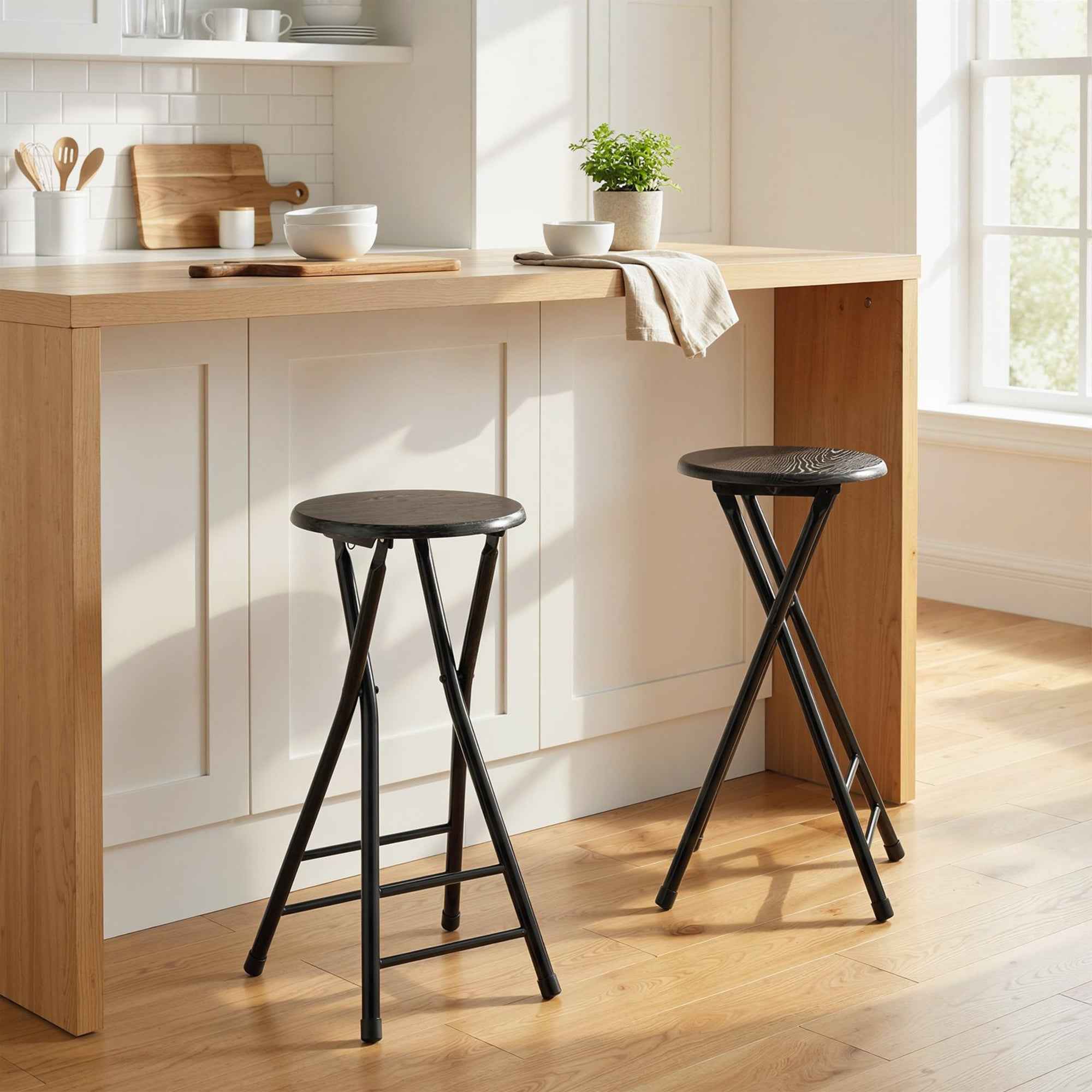 HOMCOM Set of 2 Folding Bar Stools with Double Footrest, Wood and Steel, 34x30x70 cm, Black