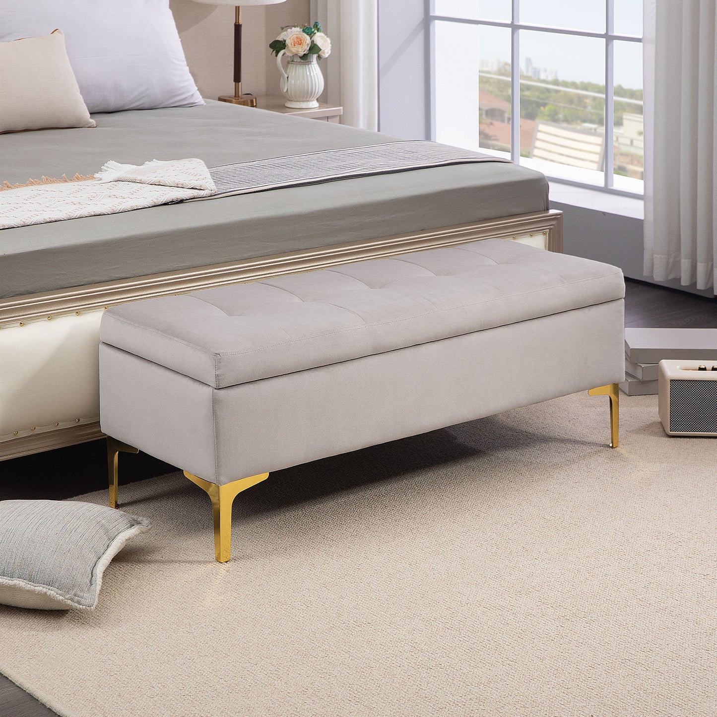 Ottoman Storage Bench with Velvety Fabric and Golden Legs, 120x44x44.5cm, Light Grey - Borgè