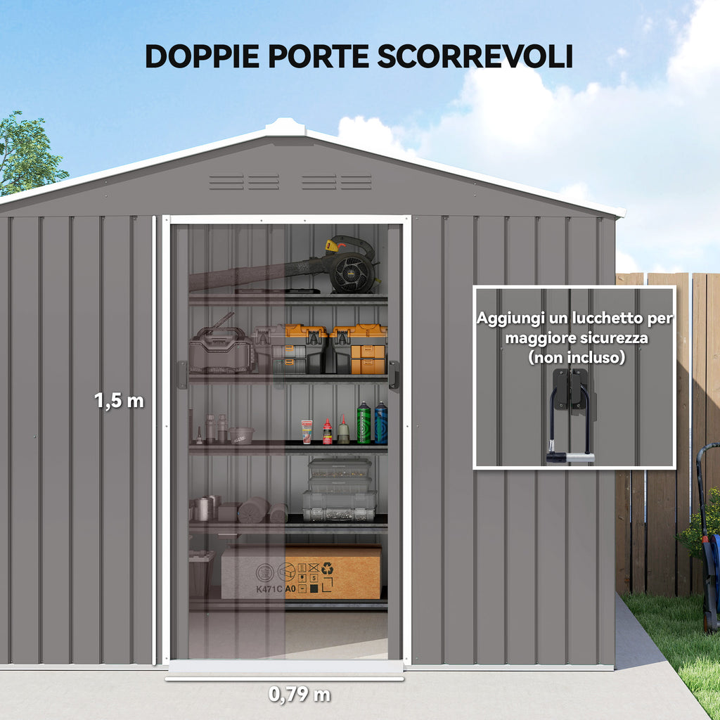 Outsunny 2.3x1.7 m Steel Garden Shed with Air Vents and Double Sliding Door, Wood Effect