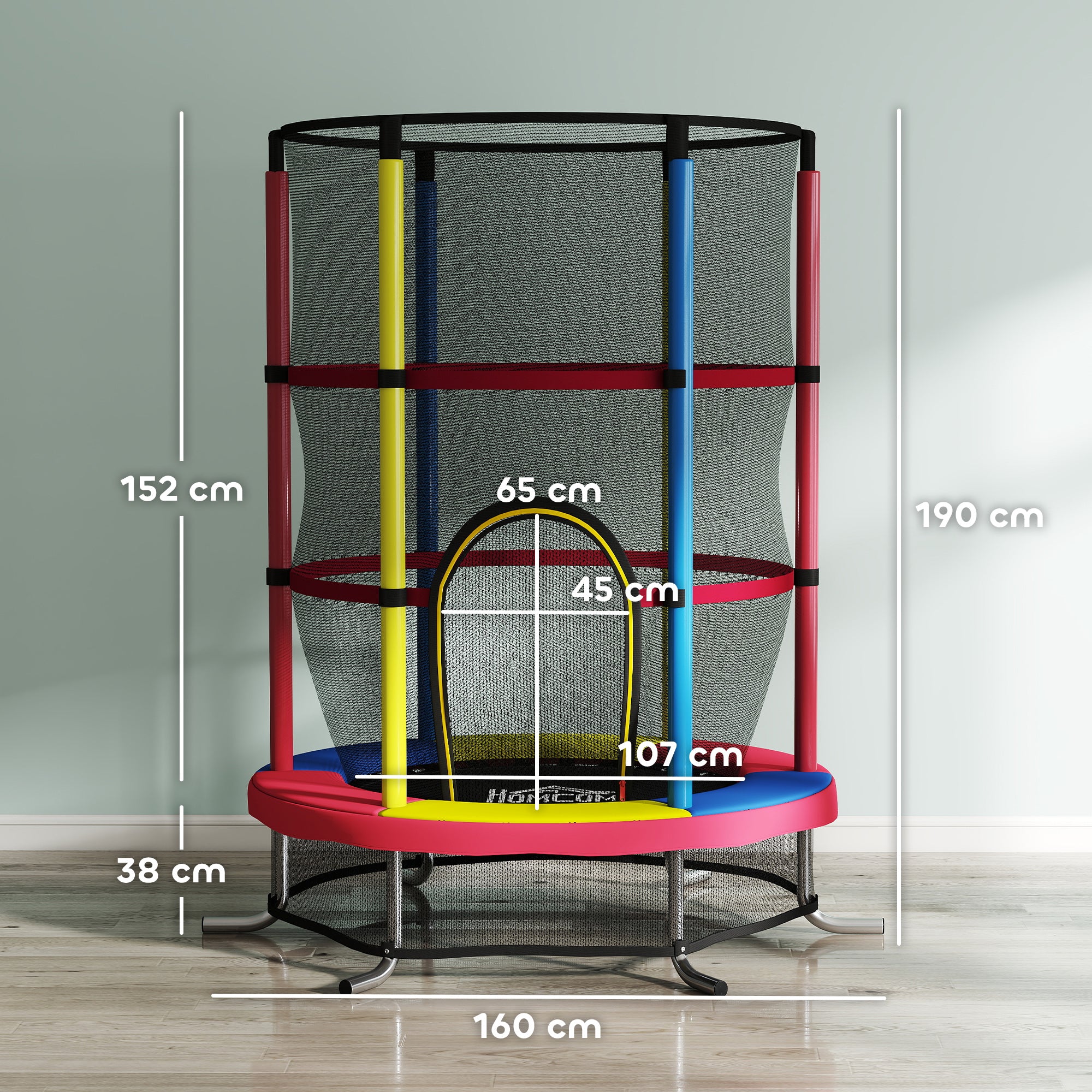 HOMCOM Trampoline for Children 3-6 Years with Safety Net, Without Springs, Ø160x190 cm, Multicolored
