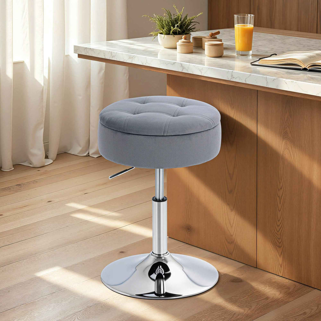 HOMCOM Height-Adjustable Bar Stool with Storage Compartment, Padded Swivel Seat without Backrest, Grey