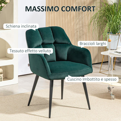 Velvet and Padded Lounge Armchair with Steel Legs and Extended Armrests, Green - Borgè