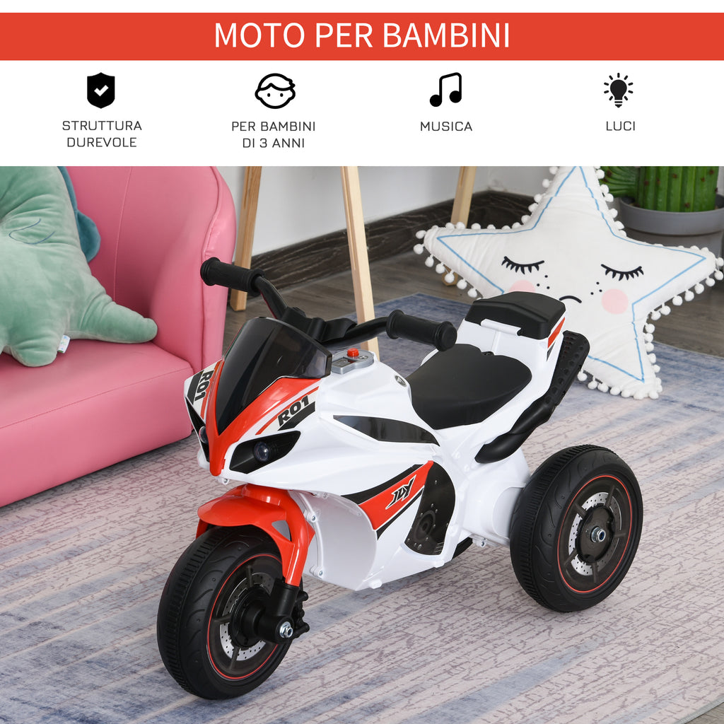 3-Wheeled Ride-On Toy Motorcycle for Kids 18-36 Months, Police Style Ride-On Motorbike with Music and Headlights, No Pedals, Made of PP and Metal, White and Red