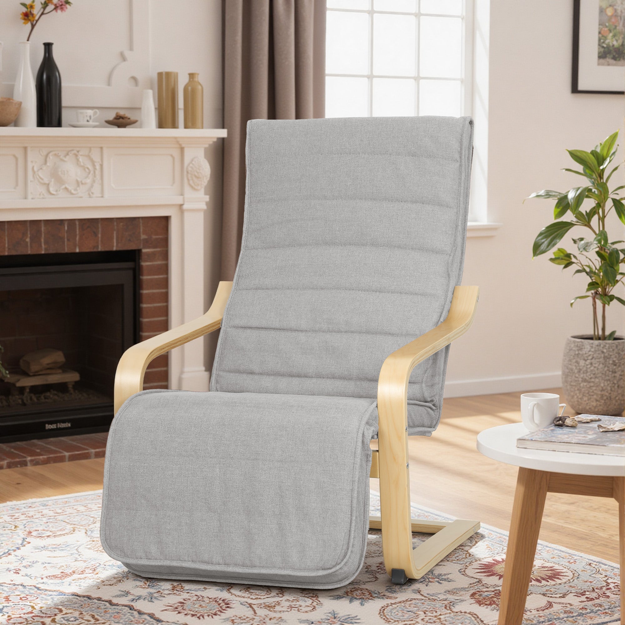 HOMCOM Birch Wood and Linen-Effect Fabric Bedroom Armchair with Adjustable Footrest, Light Grey