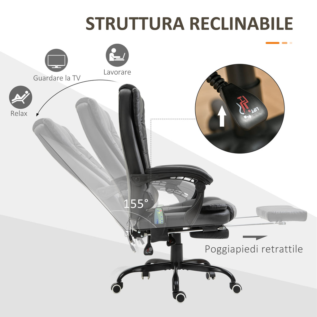 Office Chair with 7 Vibrating Points, Footrest and 155° Reclining Backrest, Black - Borgè