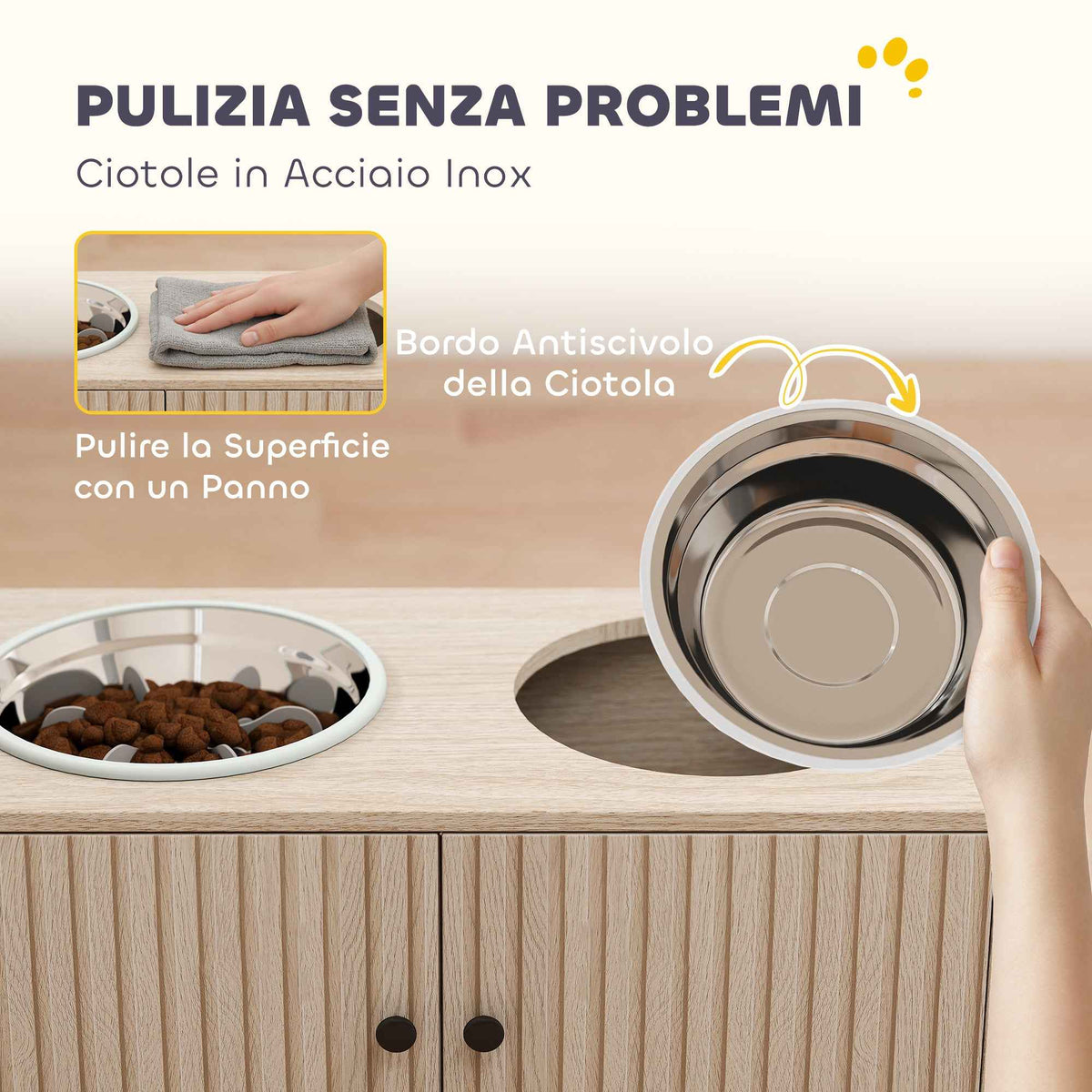 PawHut Dog Bowl Stand with 2 x 2L Stainless Steel Bowls and Lower Cabinet, Wooden, 60x30x35.5 cm, Oak