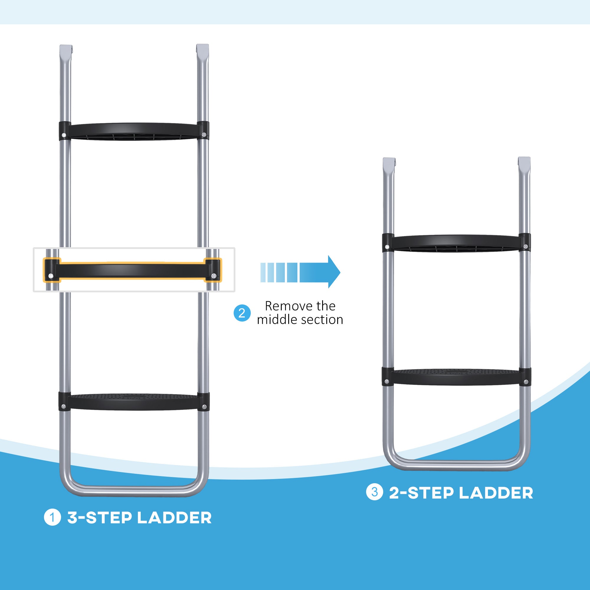 Adjustable Elastic Trampoline Ladder with 3 or 2 Steel Steps, 97x32cm, Silver - Borgè
