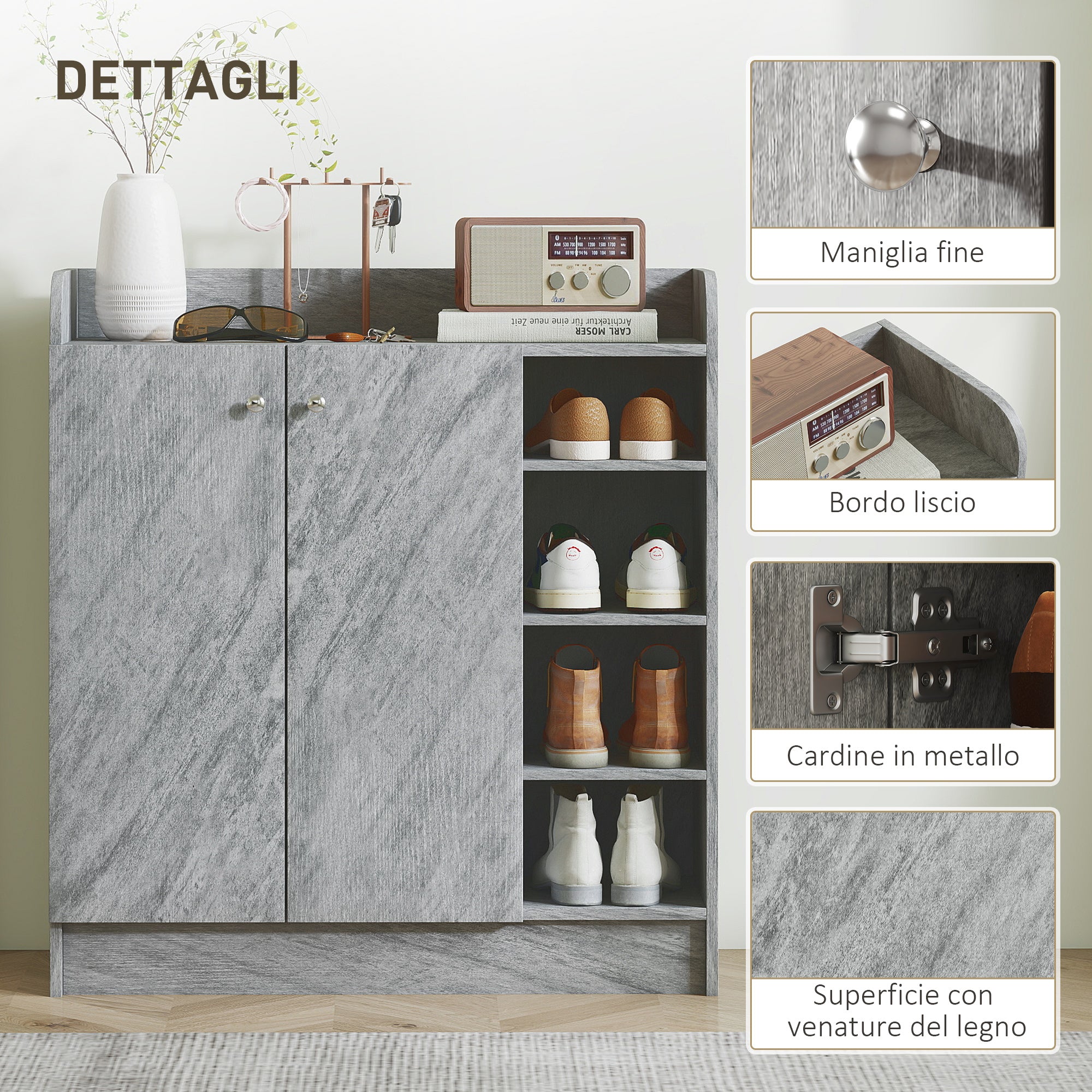 Modern Wooden Shoe Rack with 4 Open Shelves and 12-Pair Storage, 83x30x90 cm, Cement Grey