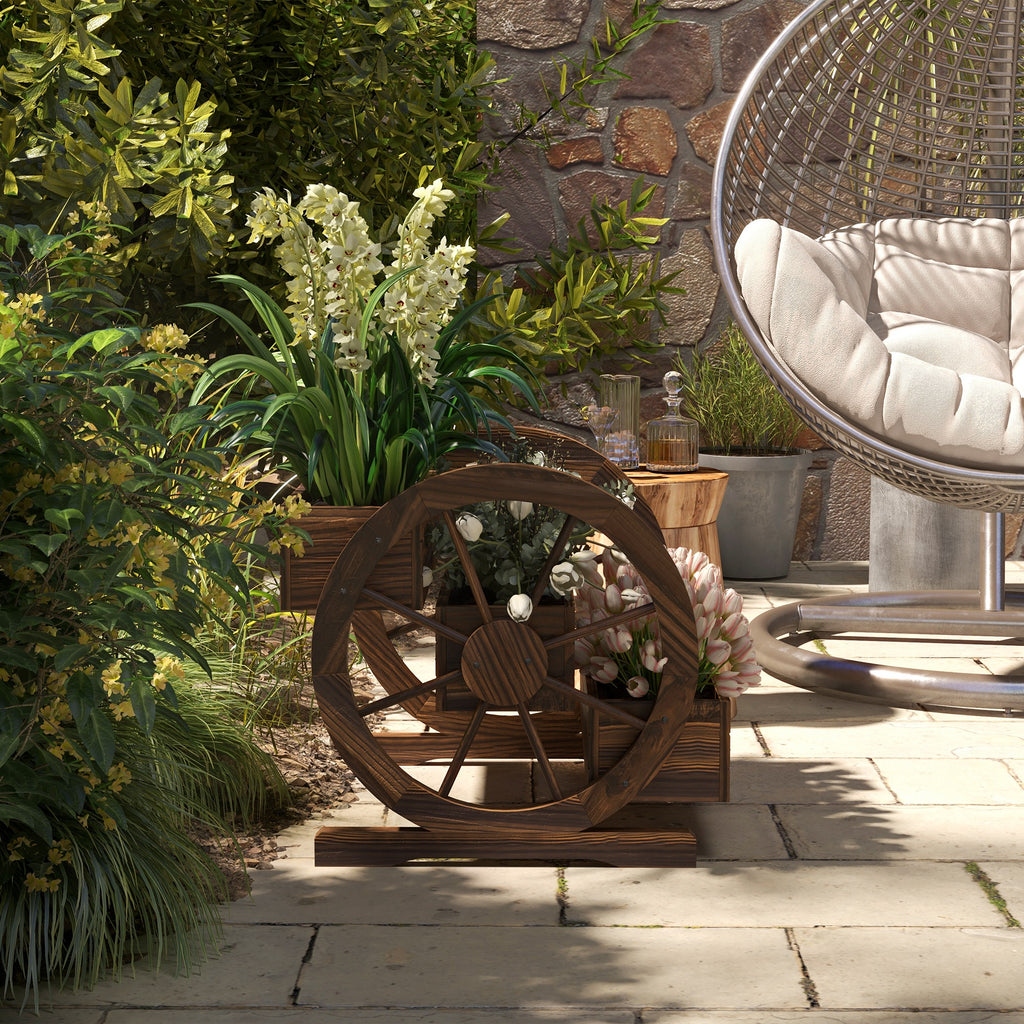 Outsunny 3-Tier Outdoor Planter with Decorative Wheels Made of Carbonized Fir Wood, 62x61x57 cm