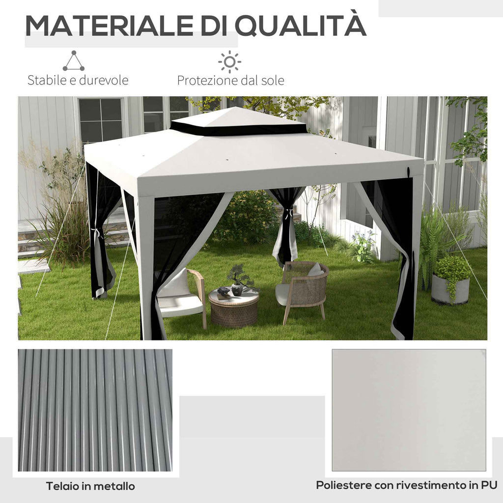 Outsunny 3x3 m Garden Gazebo with Mosquito Net, Double Roof and 8 Holes, in Steel and Polyester, Grey