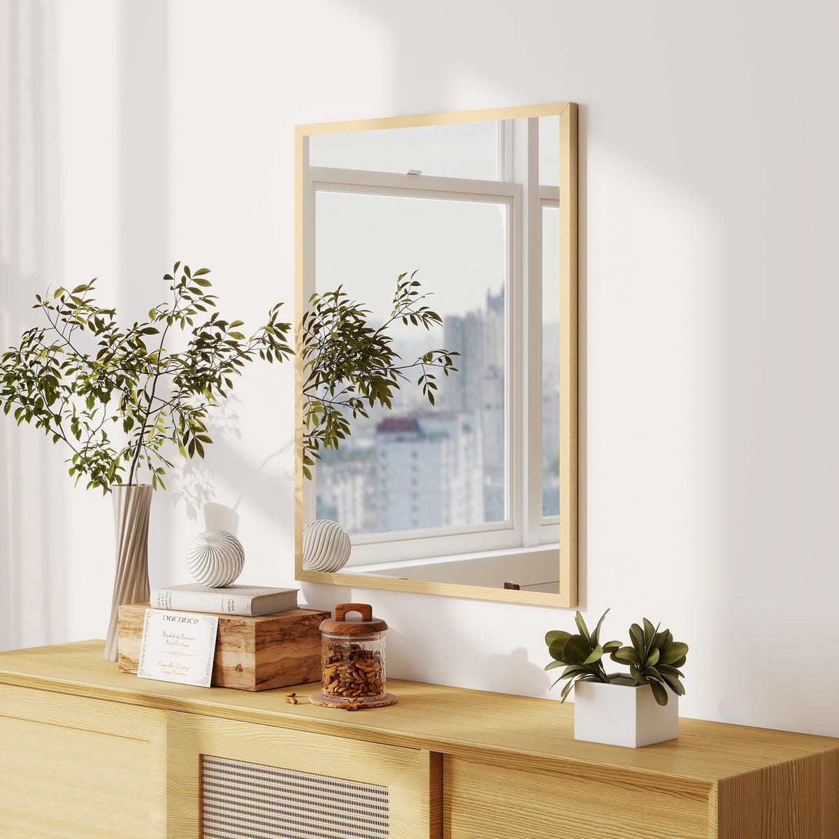 HOMCOM Rectangular Wall Mirror with Hooks, Glass and MDF, 60x80 cm, Wood Color