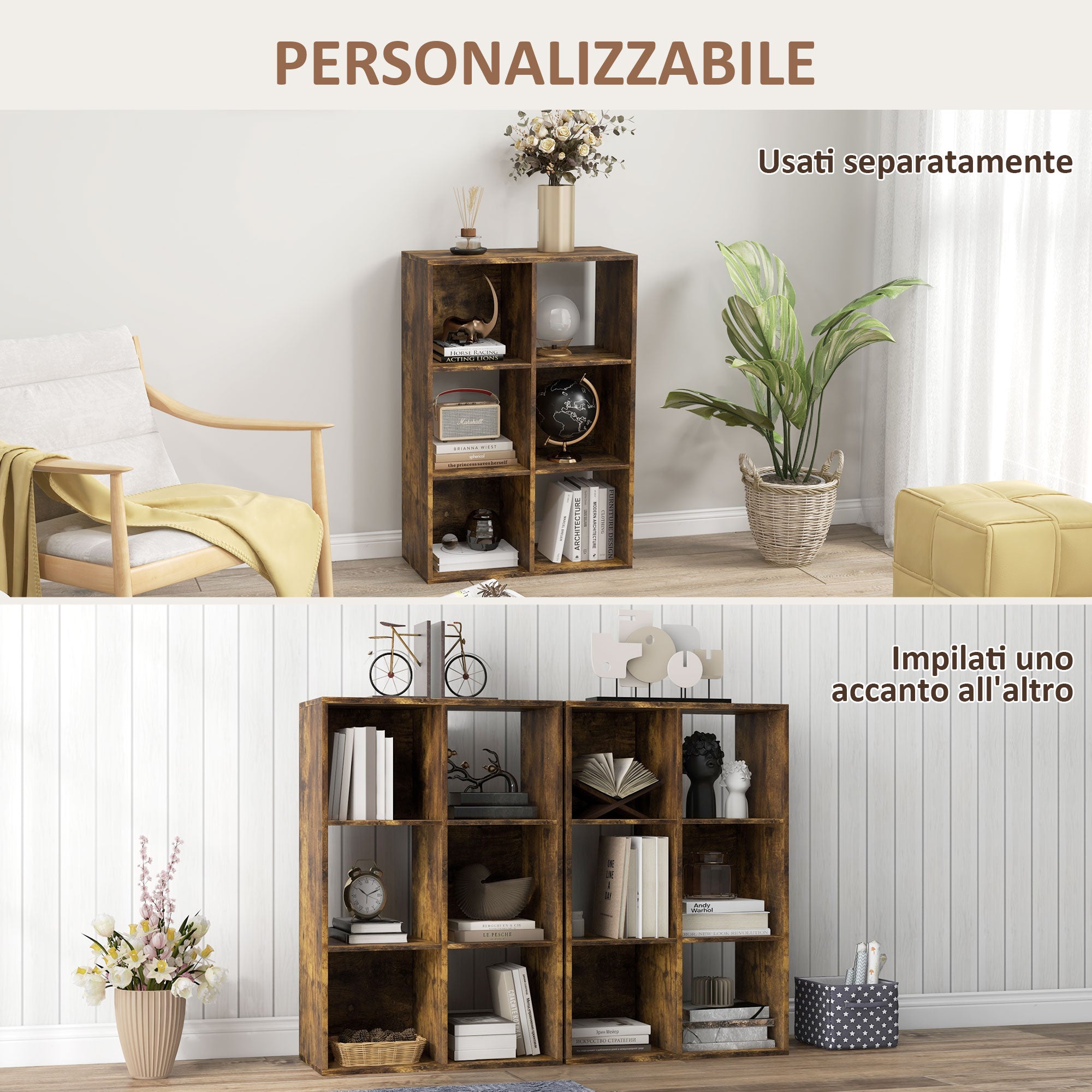 6-Tier Cube Bookcase with Rustic Wooden Storage Shelves, 61.5 x 29.5 x 91.5 cm, Brown