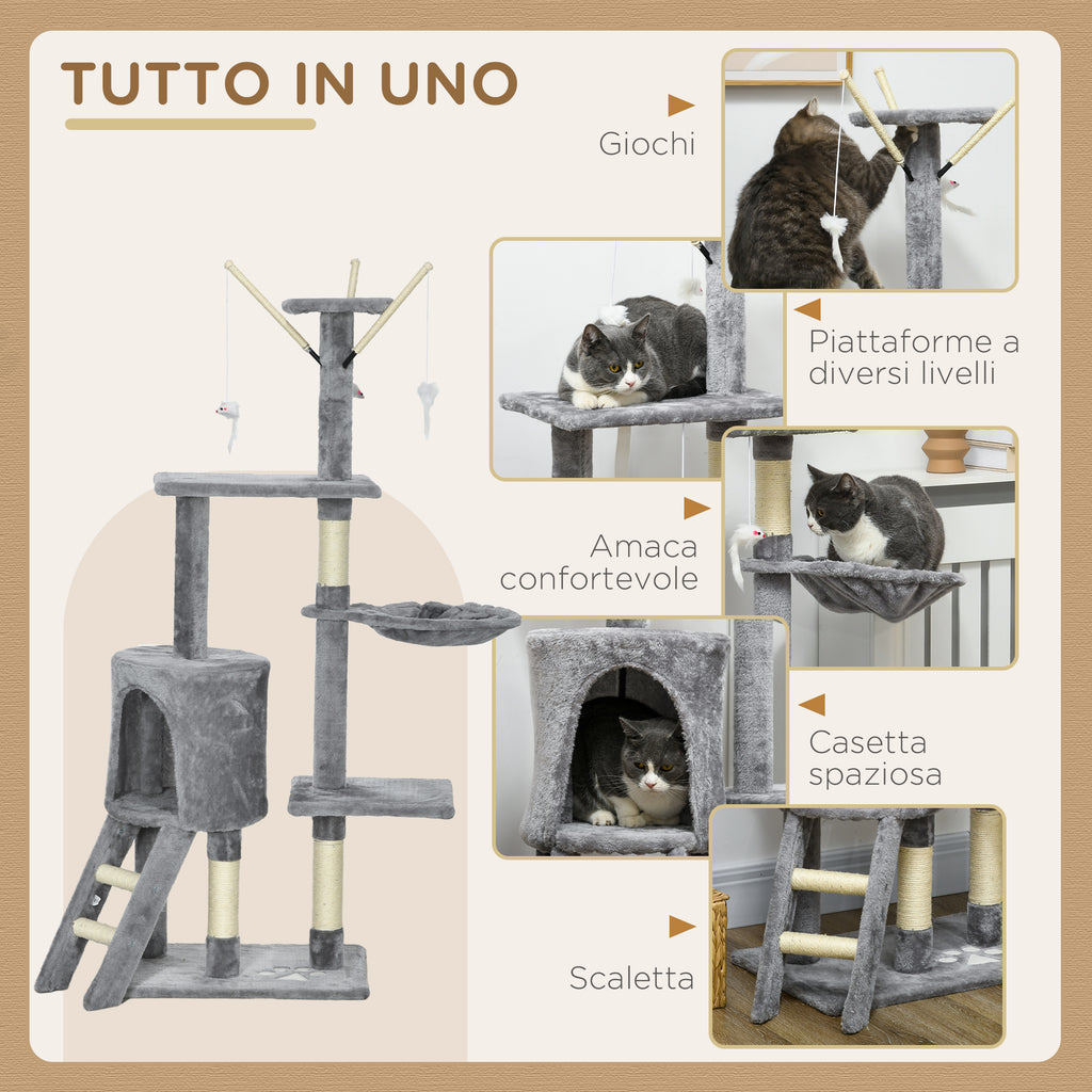 Cat Tower with House, Perch, Platforms and 4 Mice, Made of Wood, Plush and Sisal, 50x35x134.2 cm, Grey