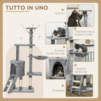 Cat Tower with House, Perch, Platforms and 4 Mice, Made of Wood, Plush and Sisal, 50x35x134.2 cm, Grey