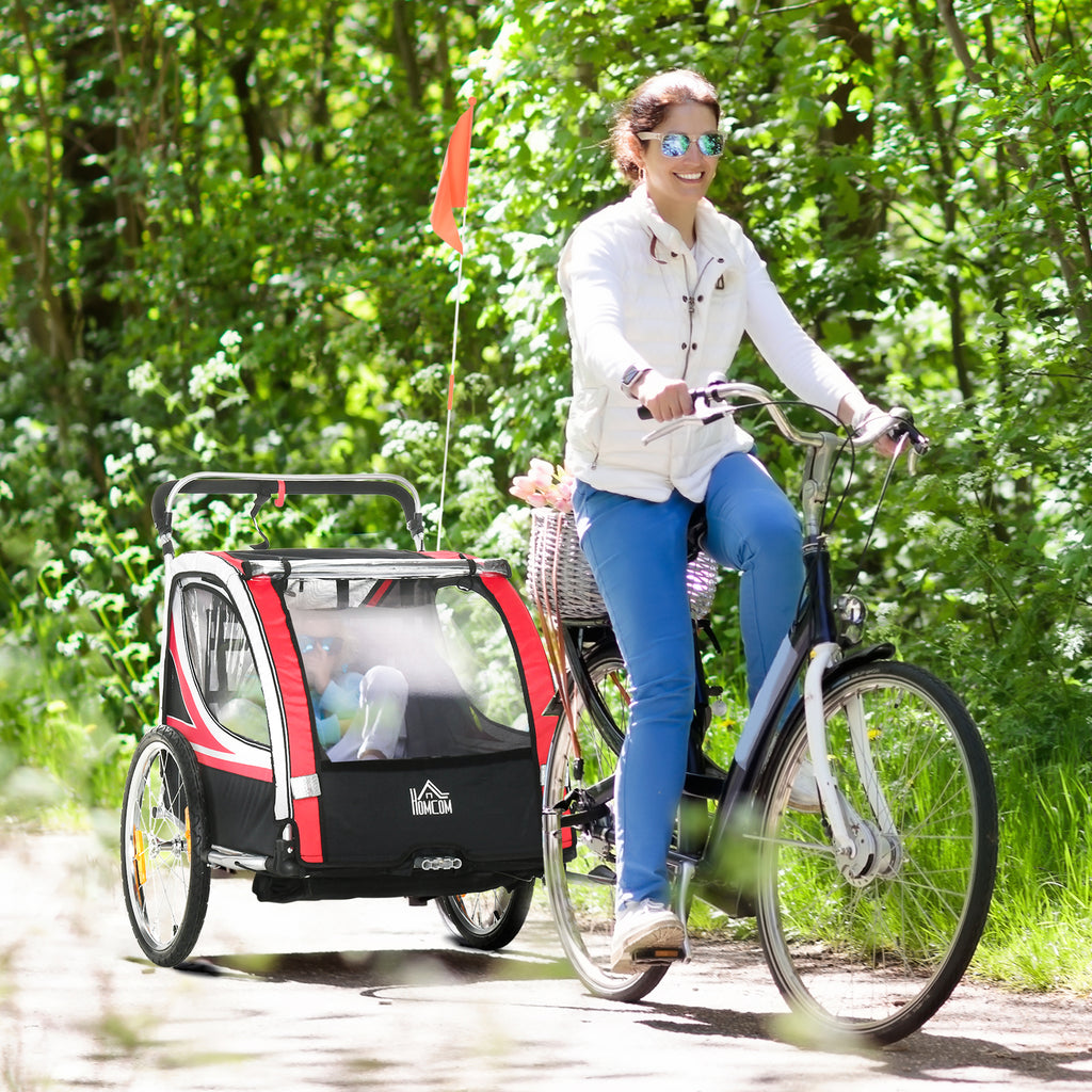Kids Bike Trailer and Stroller, 2-in-1 Design with Brake, 5-Point Harness, Bicycle Trailer with Side Pockets, Reflectors and Flag, Red