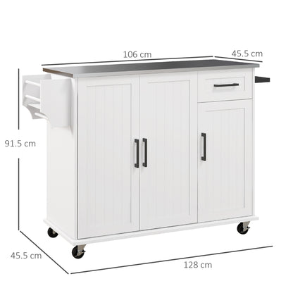 Kitchen Island with Drawer, Cabinet and 2 Open Shelves, in MDF and Stainless Steel, 128x45.5x91.5 cm