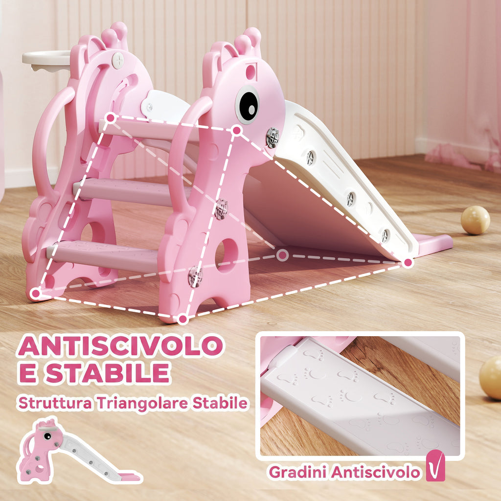 AIYAPLAY Kids Slide with Ladder, Basketball Hoop and Ball, Giraffe Design, for Children 1-3 Years Old, Pink