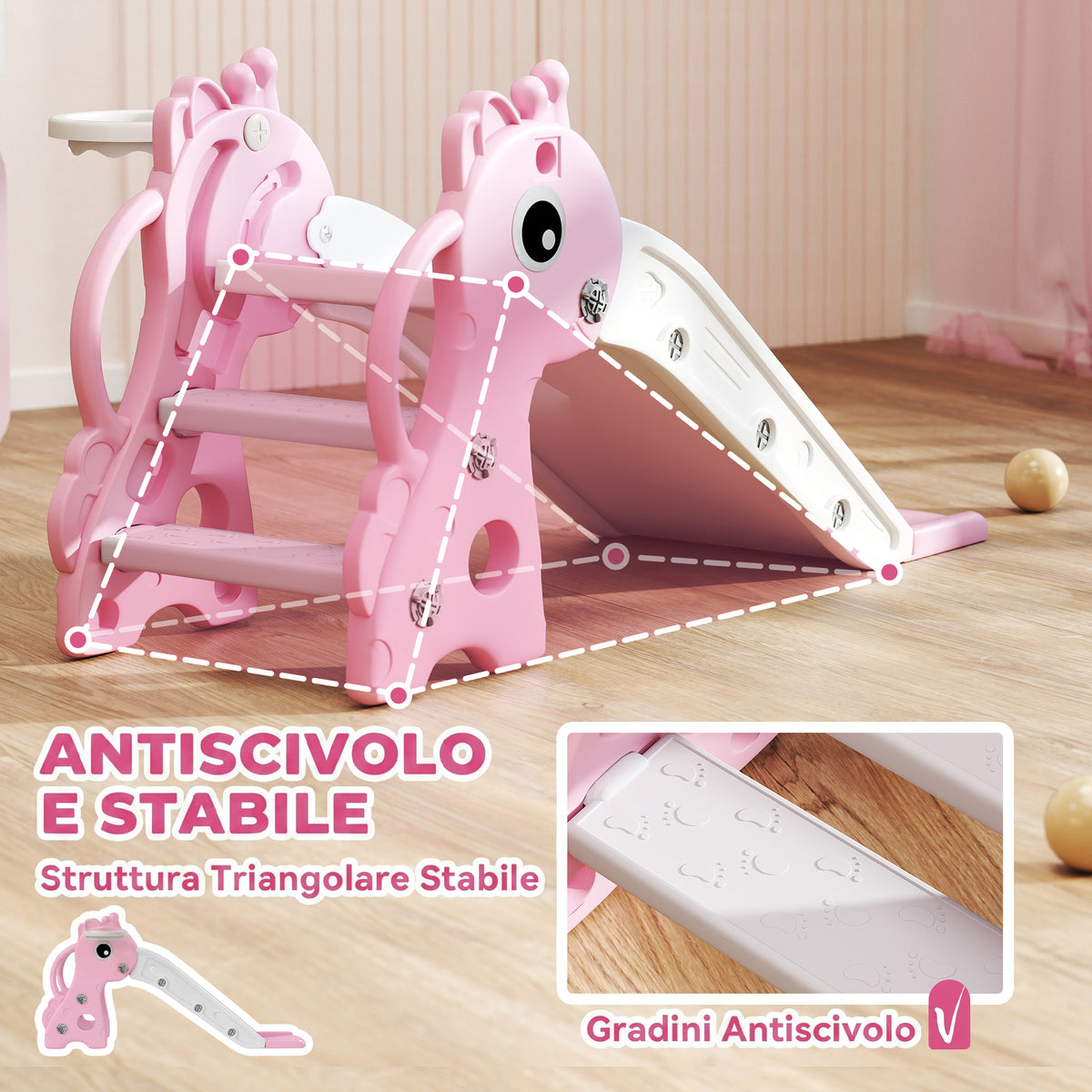 AIYAPLAY Kids Slide with Ladder, Basketball Hoop and Ball, Giraffe Design, for Children 1-3 Years Old, Pink