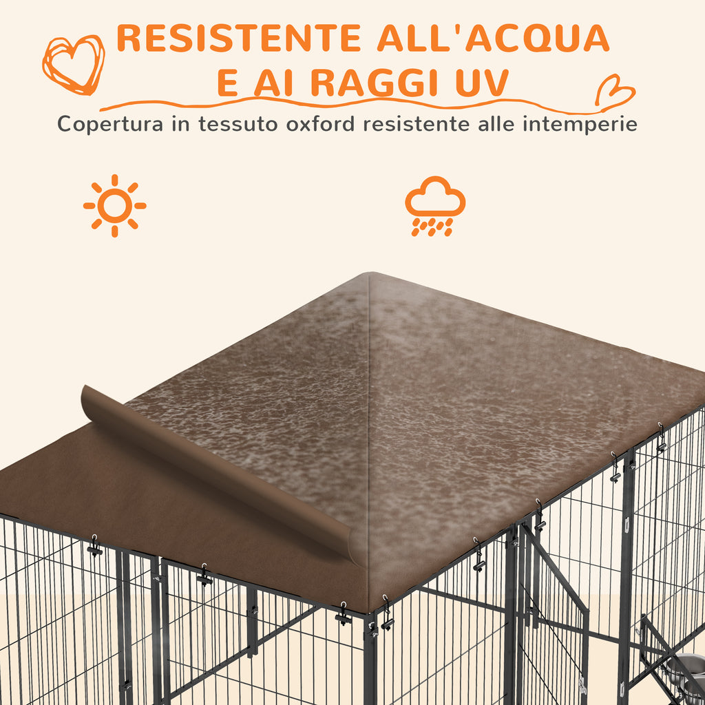 PawHut Metal and Oxford Fabric Dog Playpen with Bowl Door, 211x141x151 cm, Black and Brown