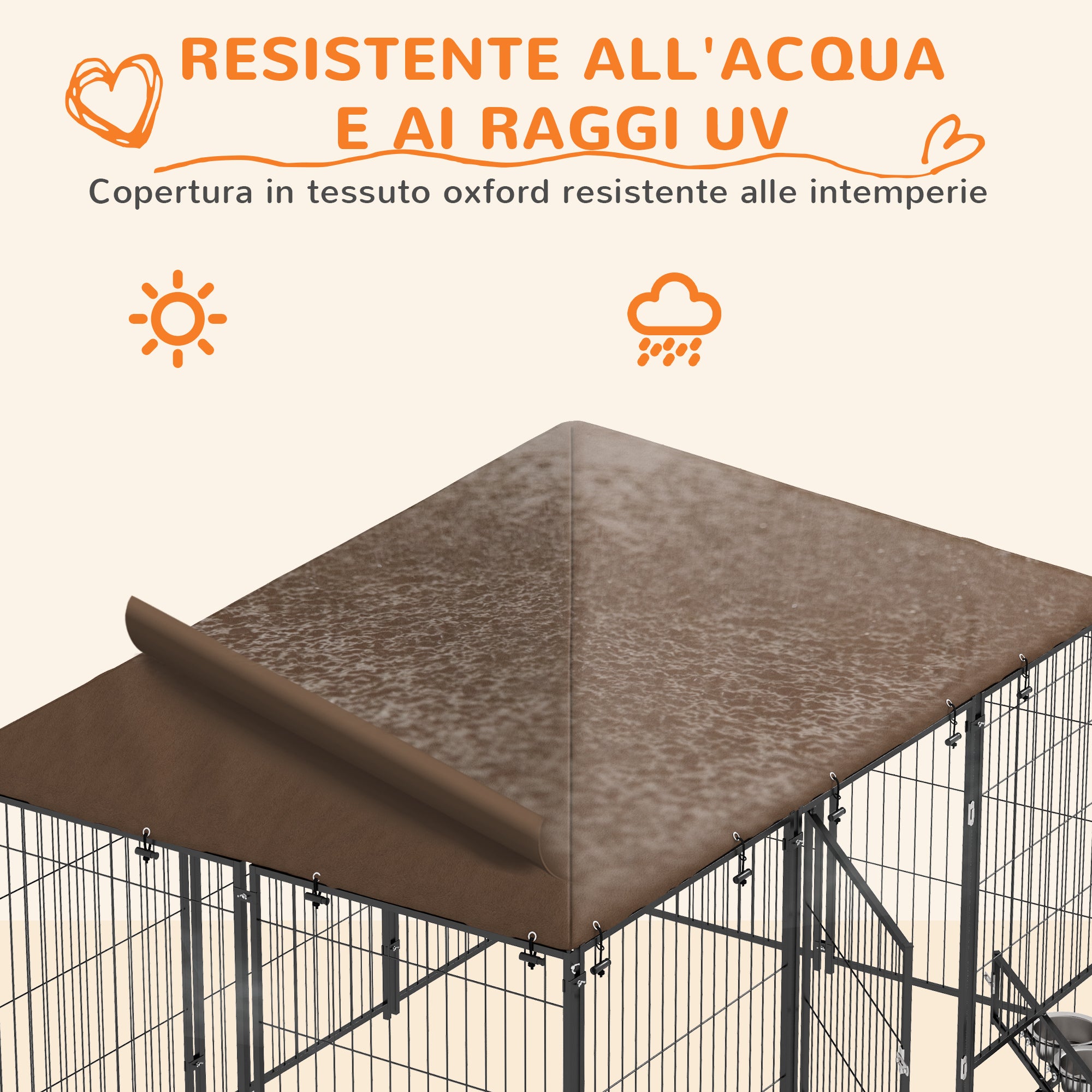 PawHut Metal and Oxford Fabric Dog Playpen with Bowl Door, 211x141x151 cm, Black and Brown