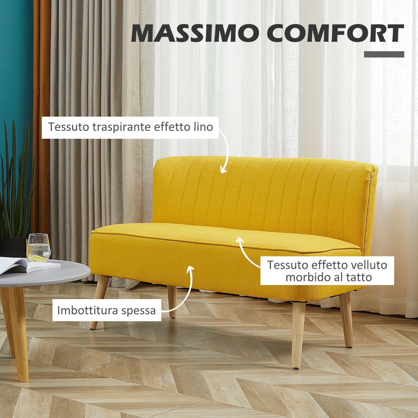 Modern 2 Seater Fabric Sofa without Armrests with Wooden Legs, 117x56.5x77 cm, Yellow