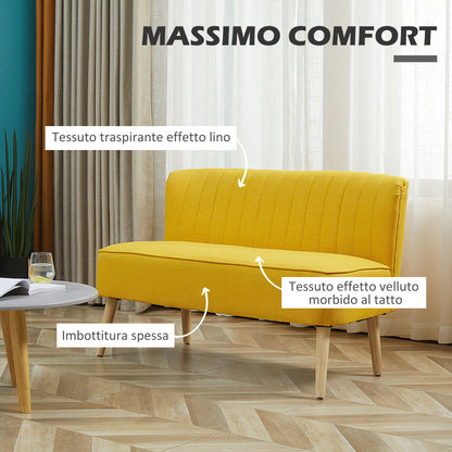 Modern 2 Seater Fabric Sofa without Armrests with Wooden Legs, 117x56.5x77 cm, Yellow