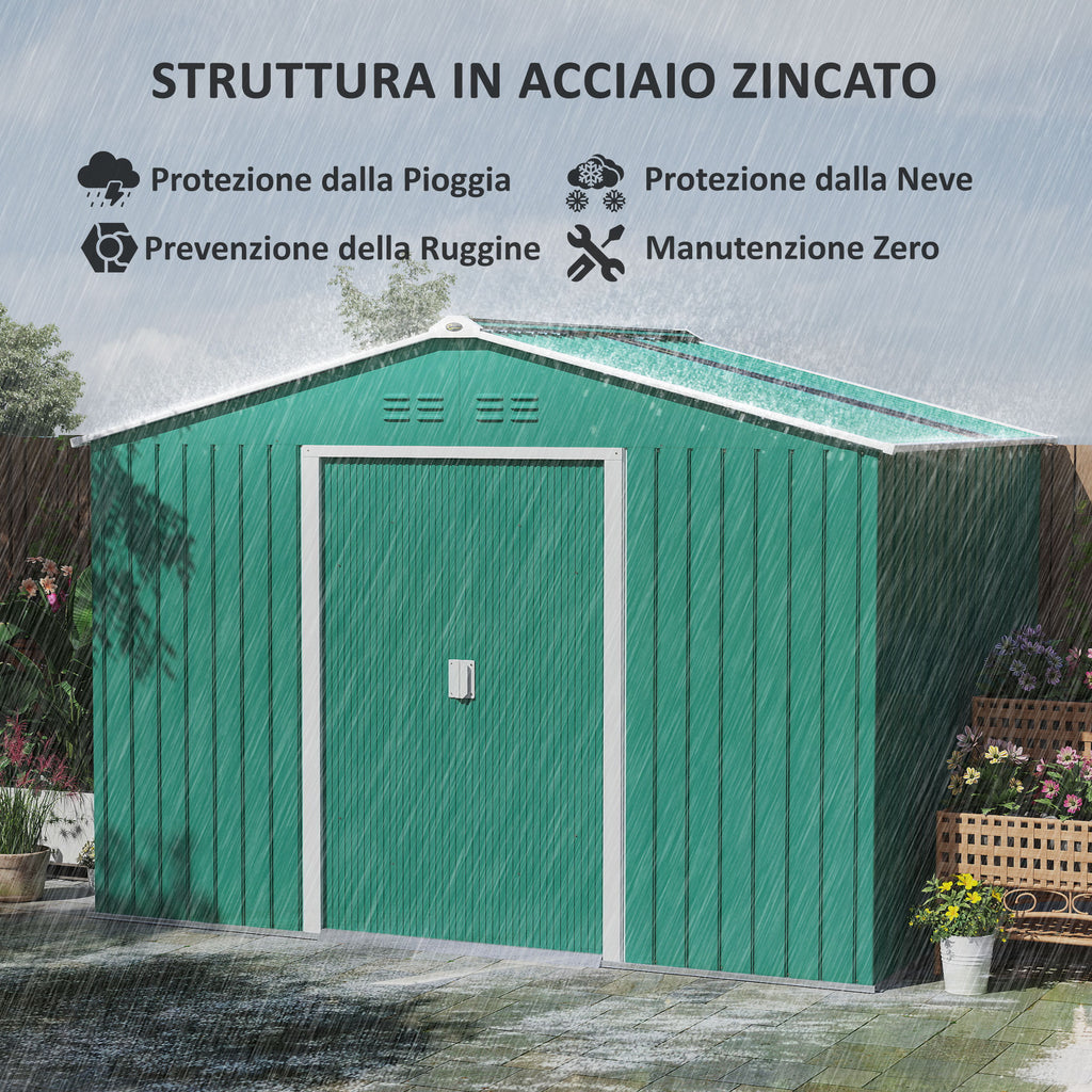Steel Tool Shed with Sloped Roof and 2 Sliding Doors, 277x195x192 cm, Dark Green