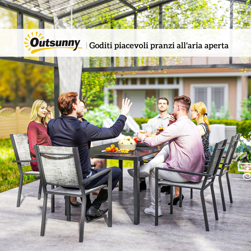 7 Piece Steel Garden Set with Rectangular Table and 6 Breathable Stackable Chairs, Grey and Black