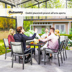 7 Piece Steel Garden Set with Rectangular Table and 6 Breathable Stackable Chairs, Grey and Black