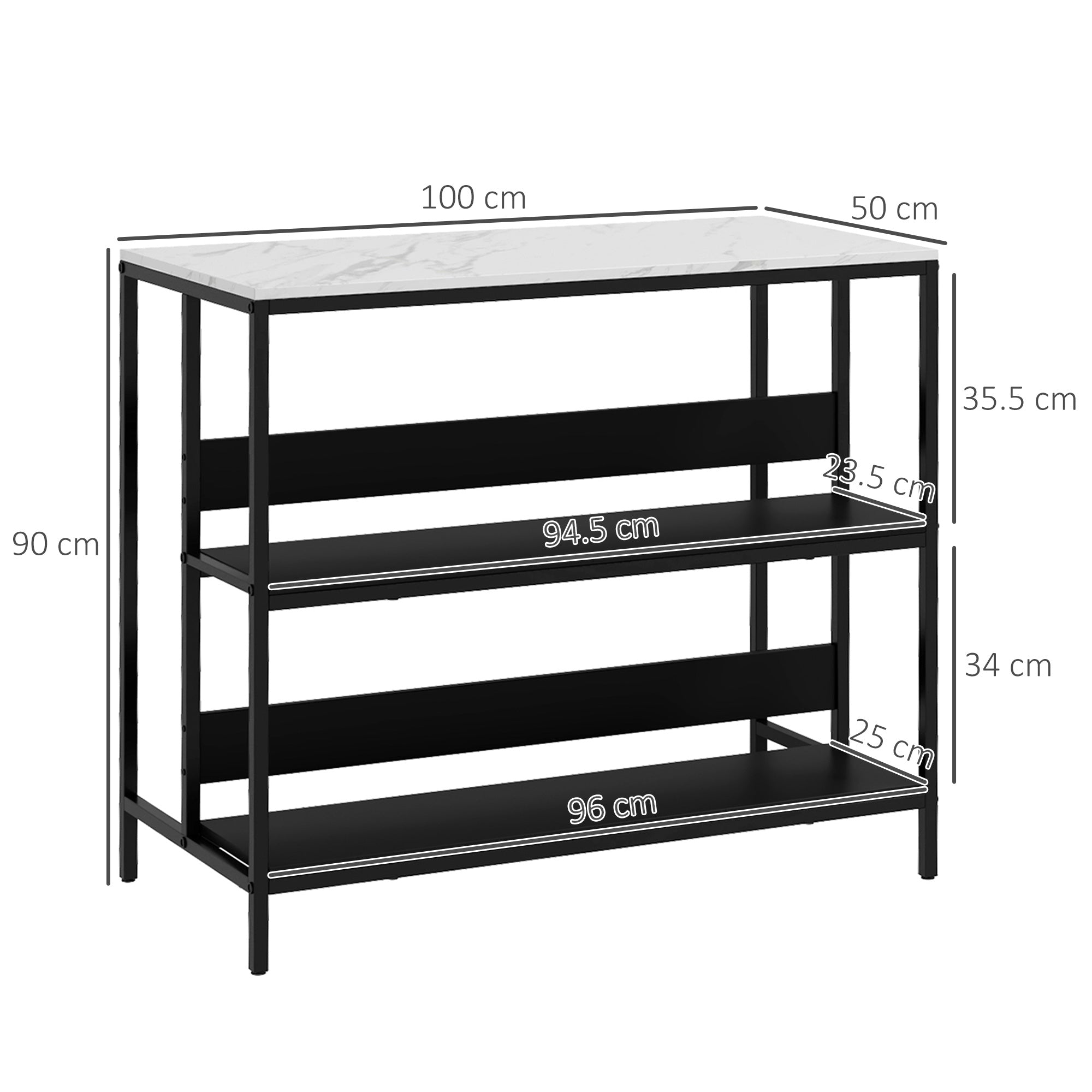 Homcom kitchen island with shelves, marble effect and metal structure, 100x50x90cm, black and white - Borgè