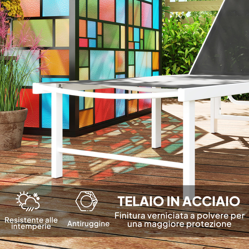 Deckchair with 5-Level Adjustable Backrest, in Steel and Textilene, 60x166x84 cm, White and Gray