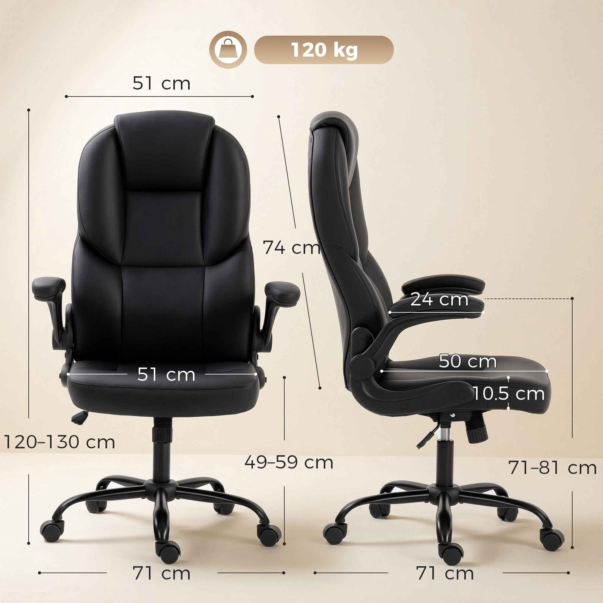 HOMCOM Swivel Office Chair, Rocking Function, Foldable Armrests, High Backrest, Adjustable Height, Black