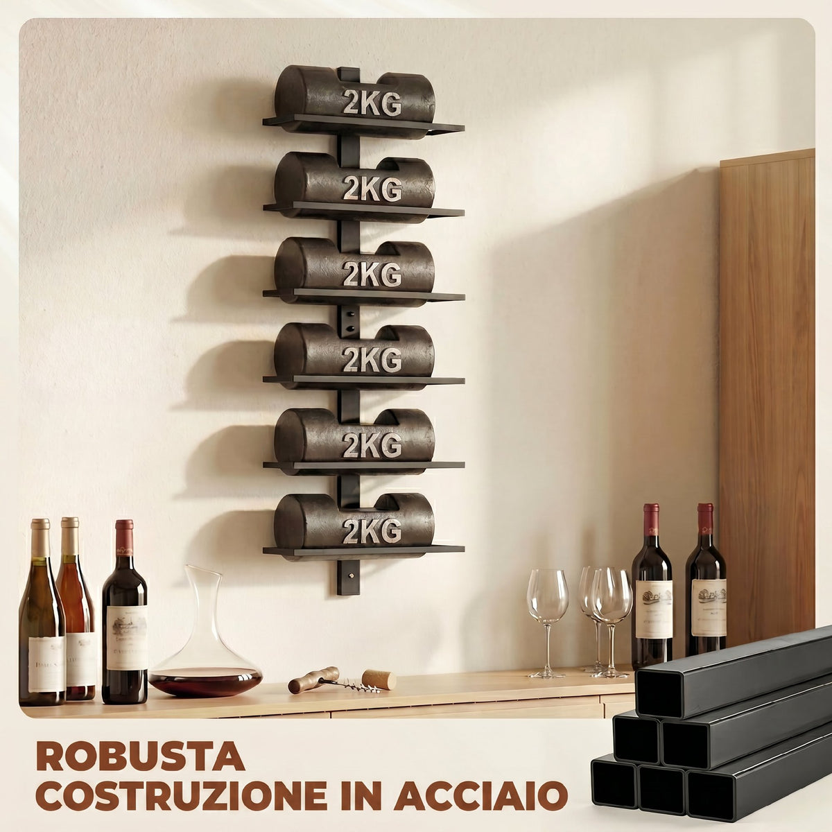 HOMCOM Wall-Mounted Steel Wine Rack for 6 Bottles, Kitchen and Living Room, 27x10x71 cm, Black