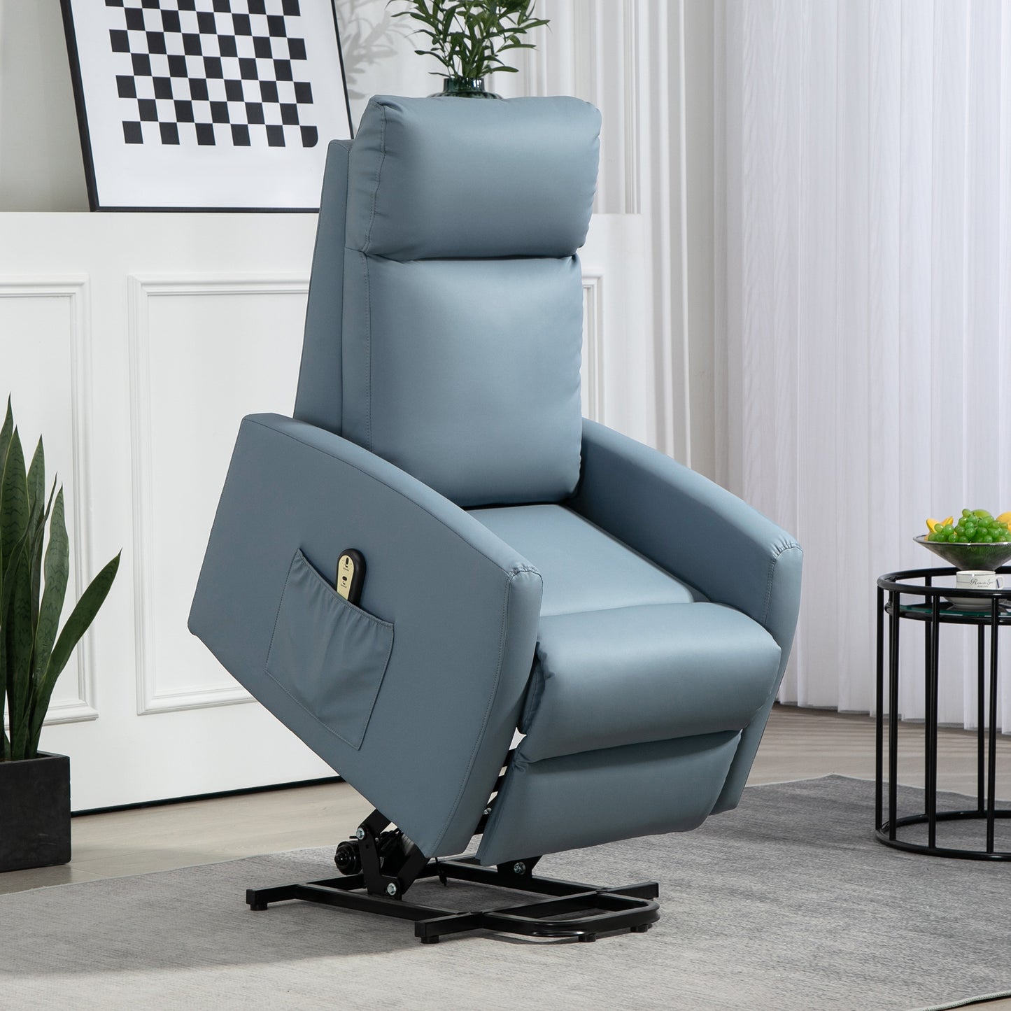 145° Reclining Lift Chair with Remote Control and Footrest, PU Leather Blue, 67x95x105 cm