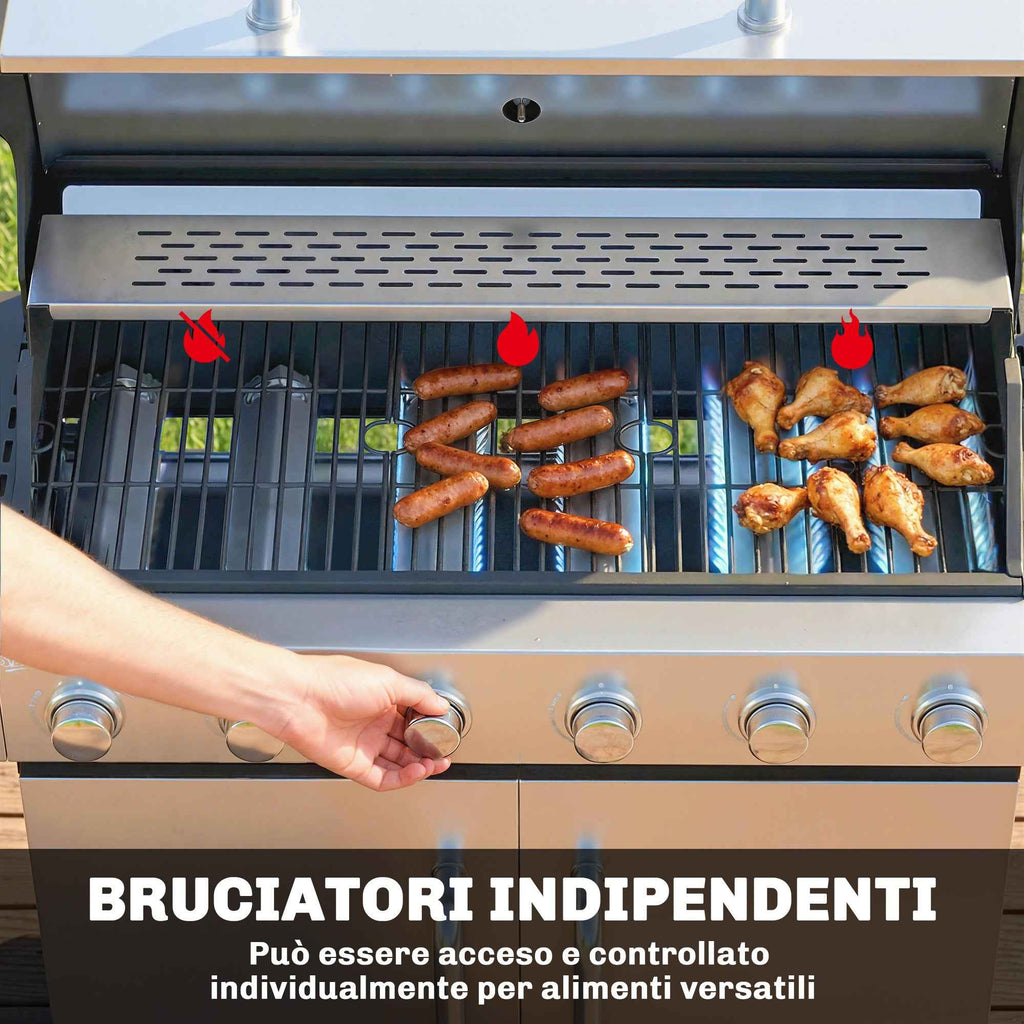 Outsunny Gas Barbecue, 6 Burners, Side Burner, Cast Iron Grill, Cabinet Included.