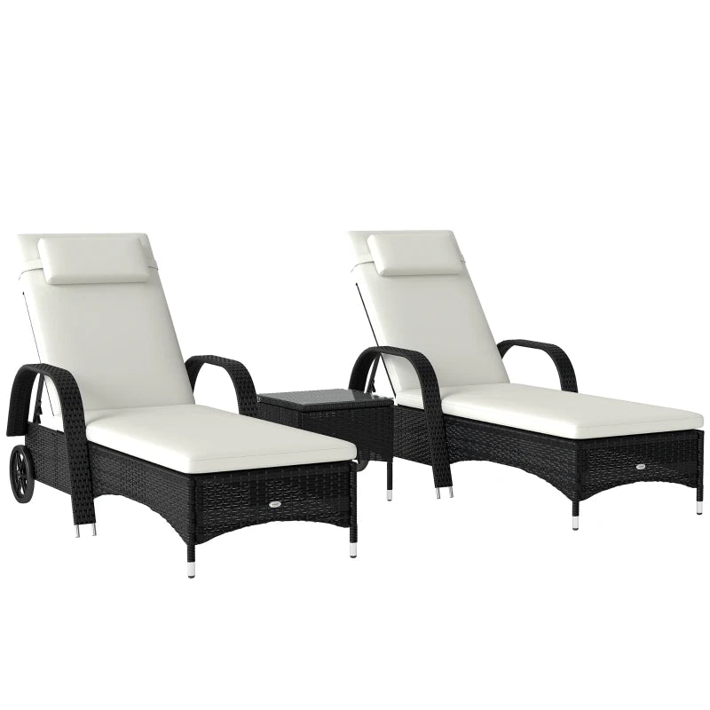 Garden Set with 2 Deck Chairs with Reclining Backrest and Low Table in PE Rattan, Black