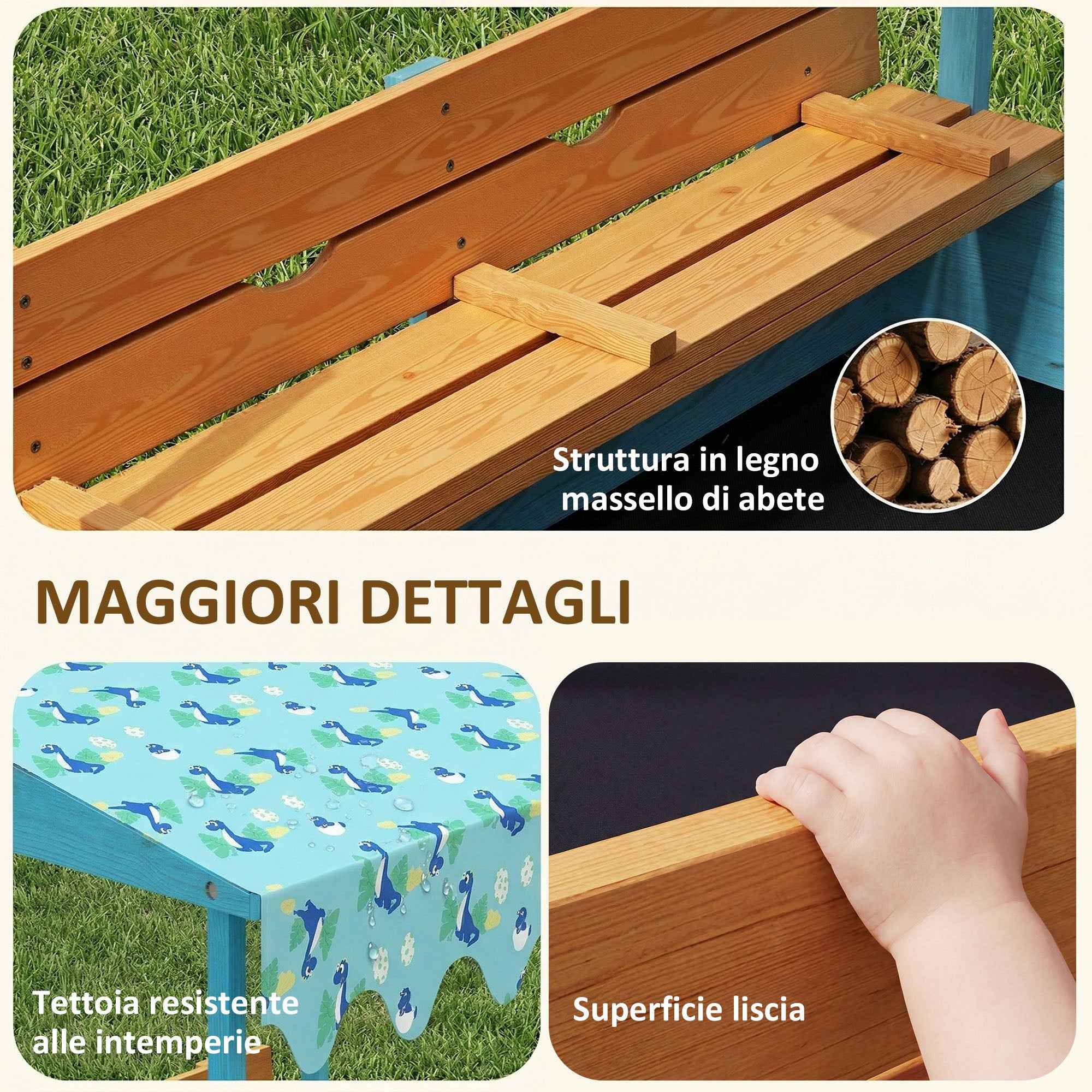 Sandpit for Children 3-6 Years with Dinosaur Canopy, Folding Seats, Lid and Liner Included, Children's Sandpit in Fir Wood, 134.5x127.5x130 cm, Blue