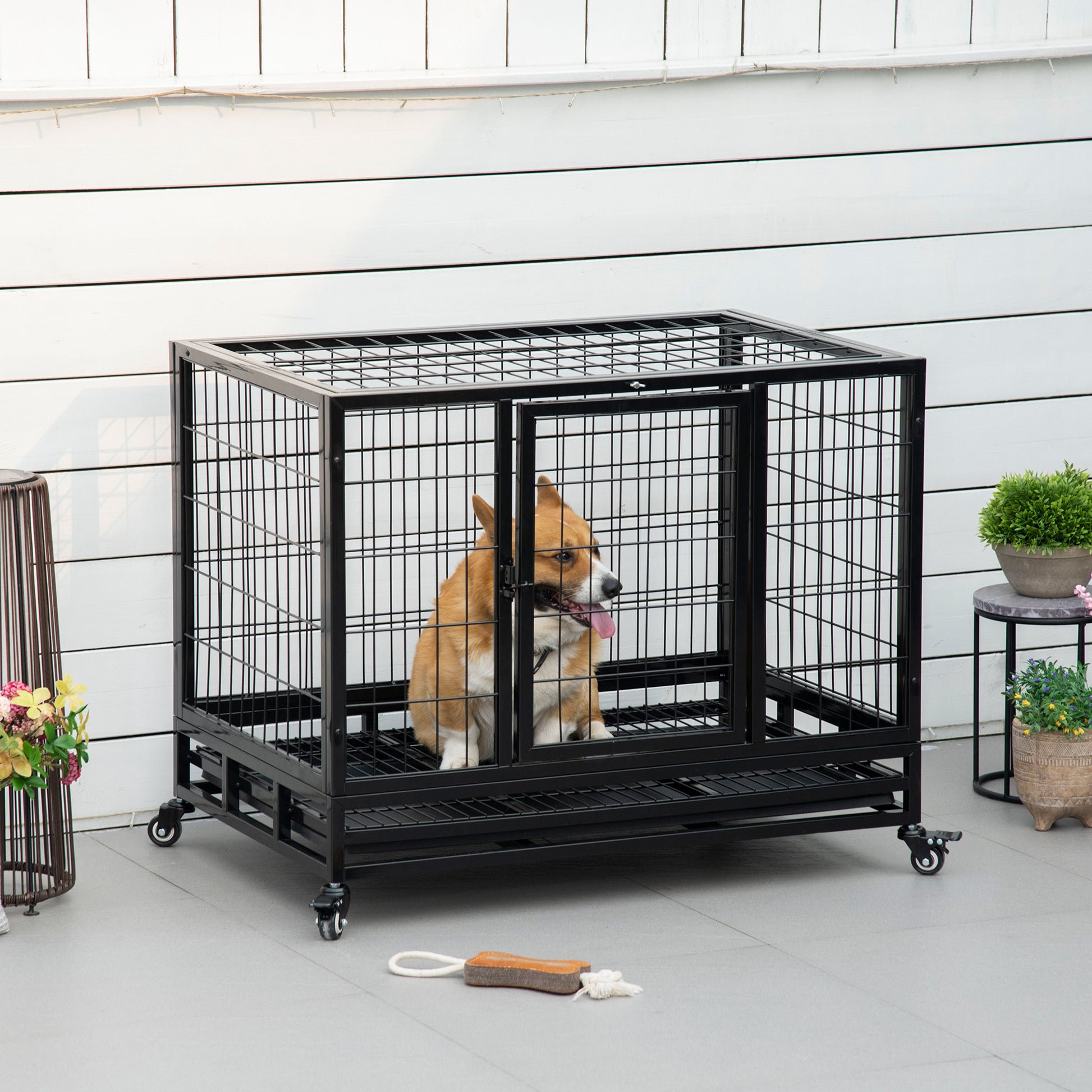 PawHut Indoor Outdoor Cage Playpen for Dogs Puppies with Wheels 92×62×75cm - Borgè